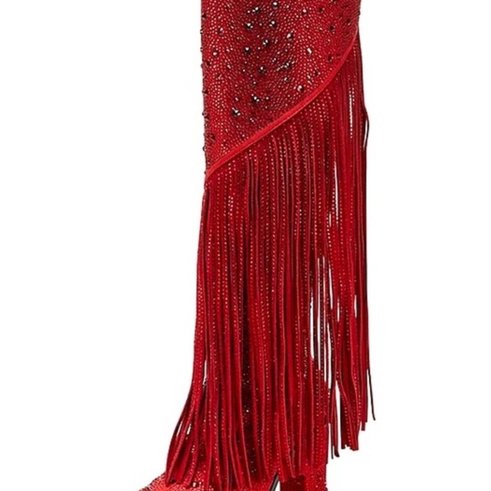 Jessica Simpson Red Heeled Rhinestone Boots with Fringe